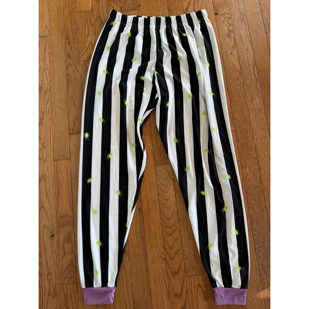 Beetlejuice pajama pants Spirit Halloween Neon Bugs Black/white Stripes Sz L